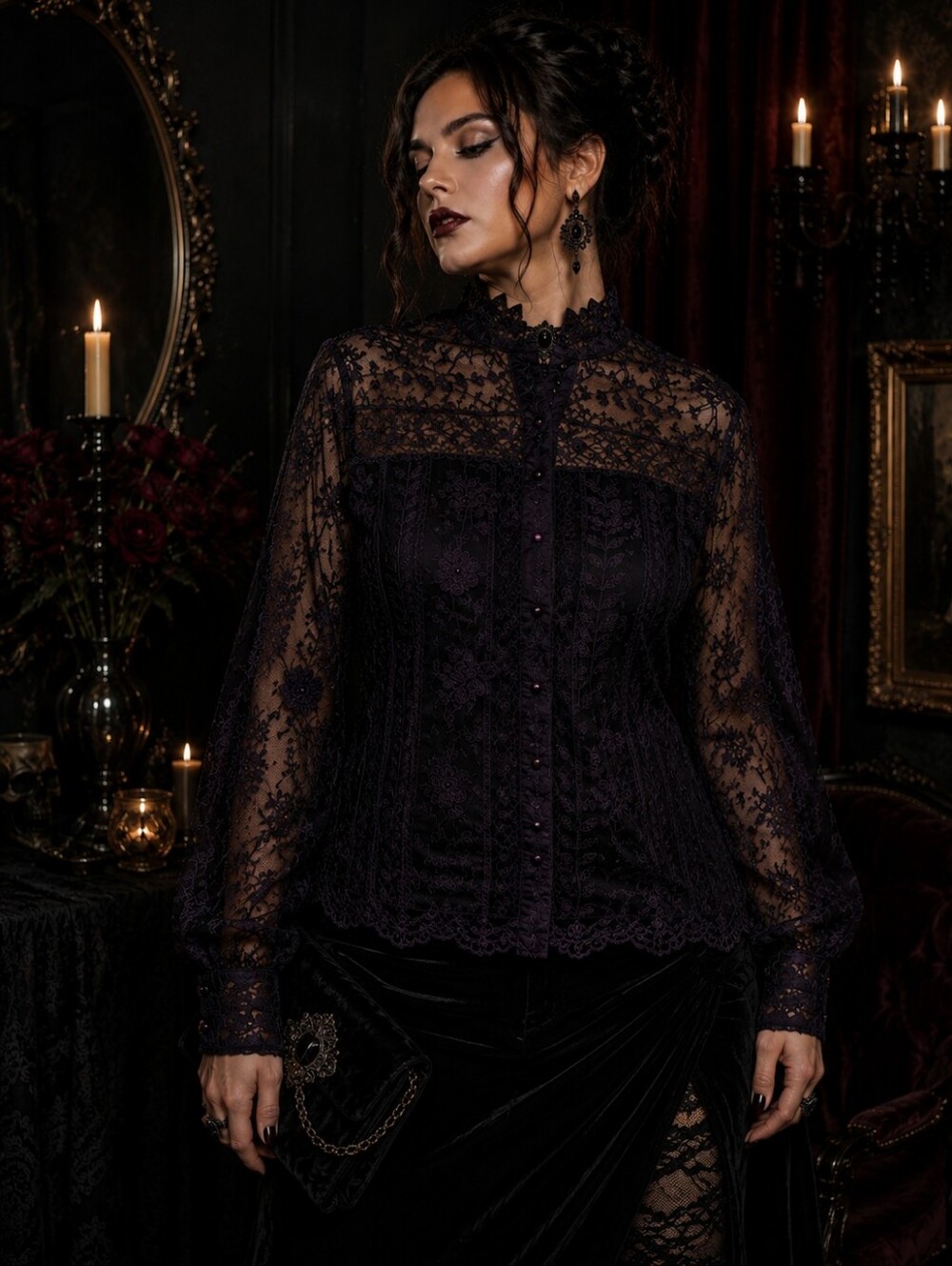 Ultra Pink XL dark romantic gothic vampire embroidered lace sheer PLUM
